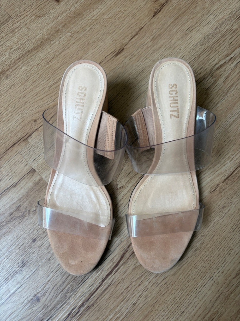 SCHUTZ Victorie Clear-Strap Slide Sandal in Nude